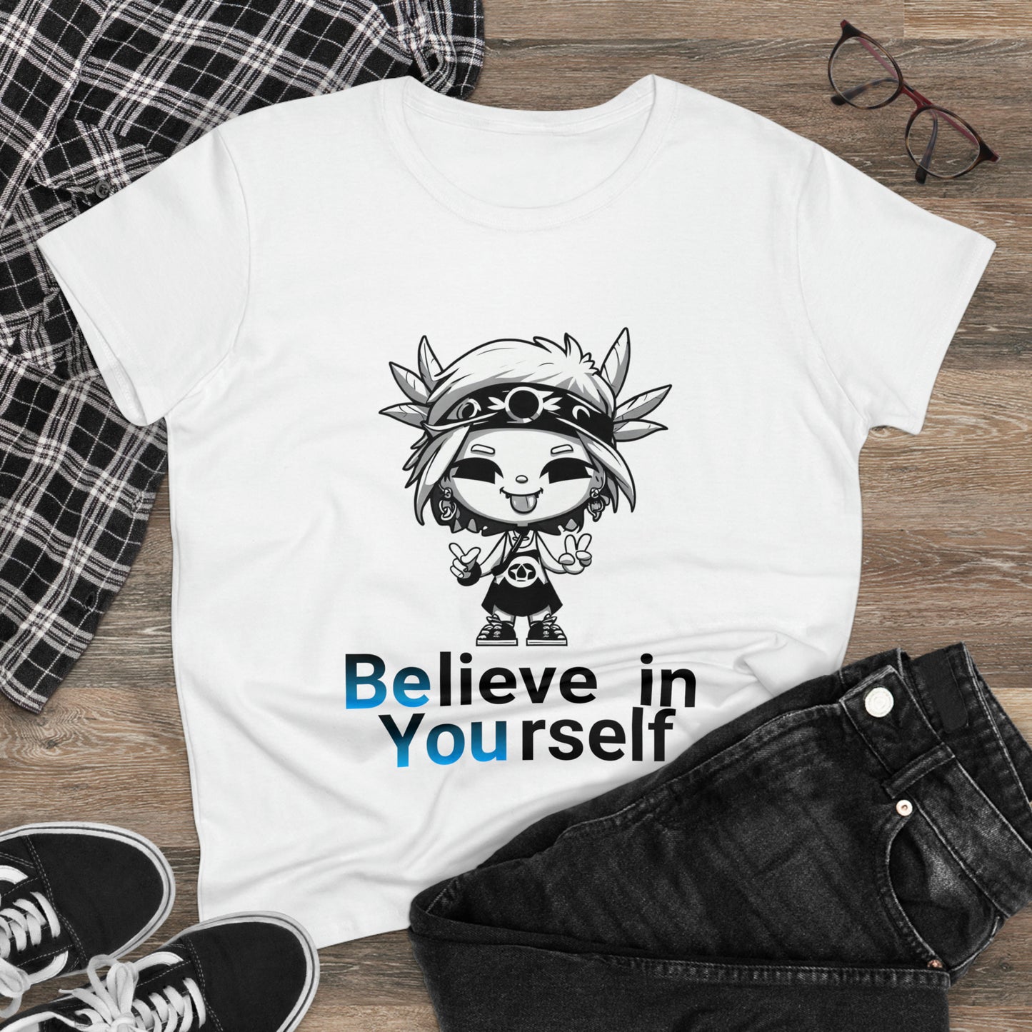 Women's Midweight Cotton Tee, Believe in Yourself chibi