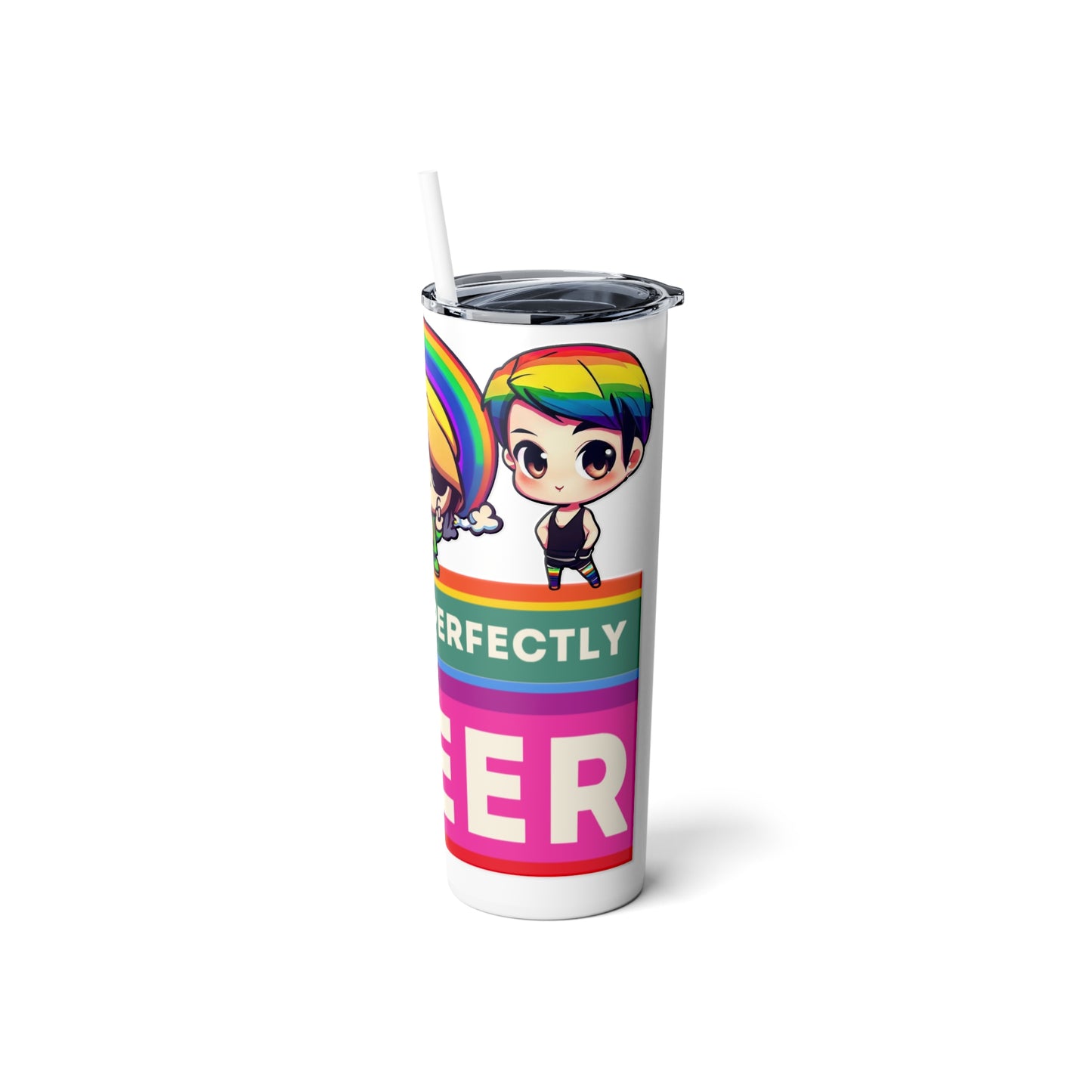 Skinny Steel Tumbler with Straw, 20oz, Let Me Be Perfectly Queer, Chibi